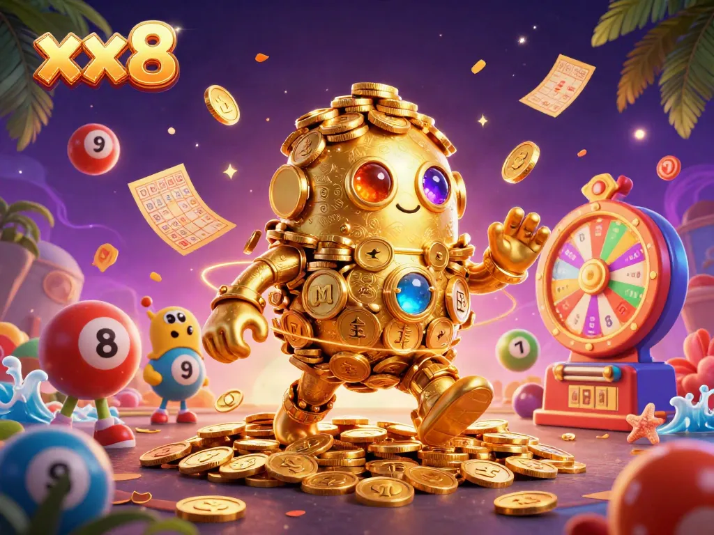 Engage with the xx8 gambling universe through a vibrant 3D illustration of a golden golem surrounded by dynamic gaming elements.
