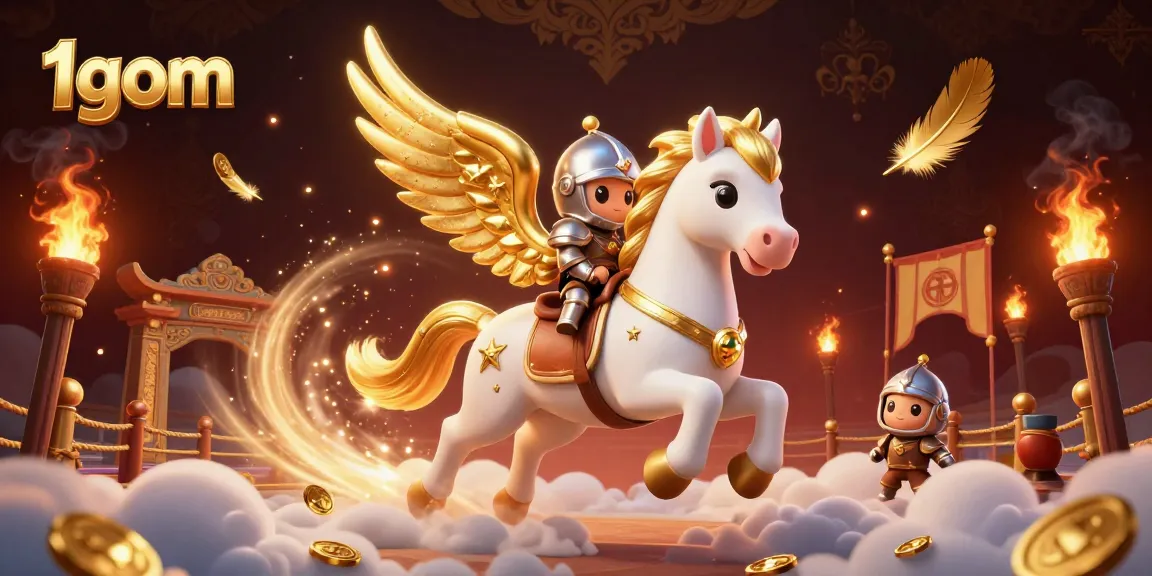 1gom showcases an armored knight riding a celestial white horse in a vibrant sports betting arena.