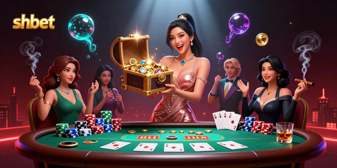 Engaging scene showcasing a joyful woman with treasures at shbet casino, vibrant poker elements included.