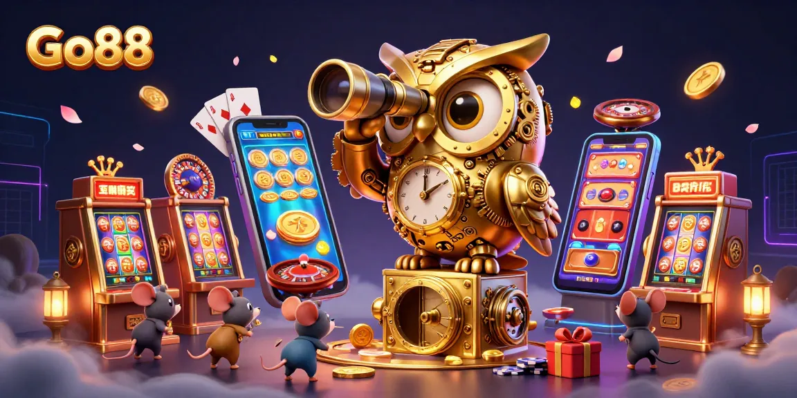 Experience the excitement of Go88 with its vibrant casino atmosphere featuring a golden owl and animated game elements.
