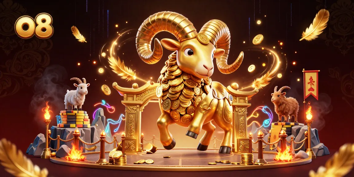 Experience electrifying action at o8 casino with a dynamic golden ram charging through a vibrant gambling arena.