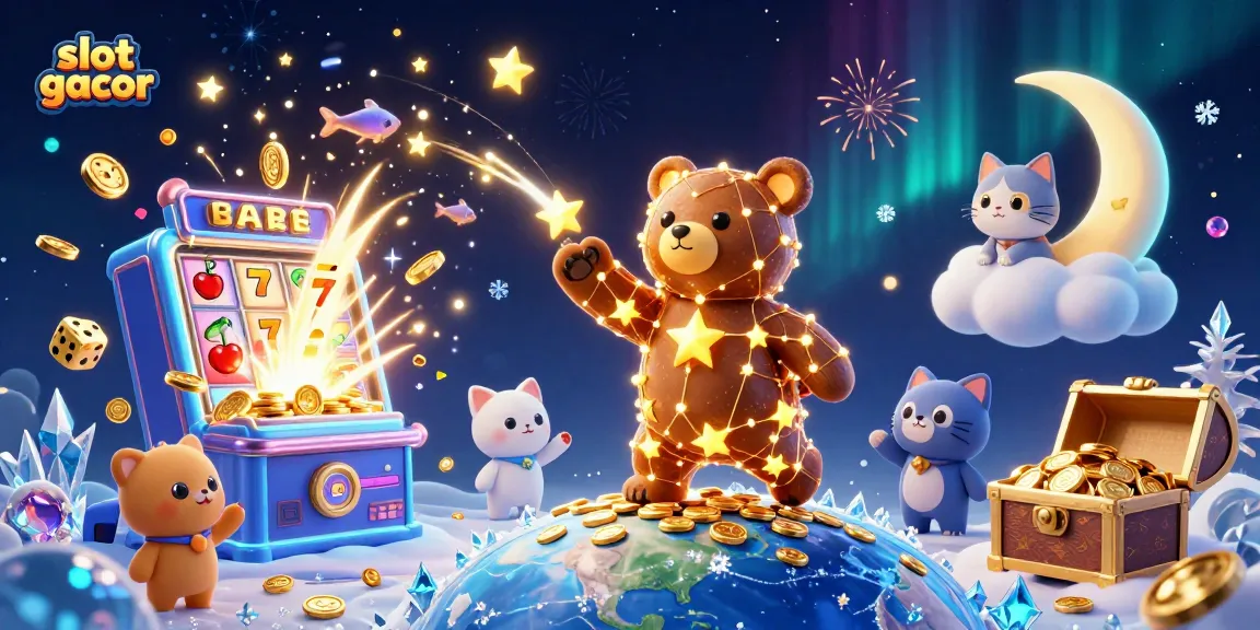 Engage with slot gacor thrills as a constellation bear scoops coins amidst vibrant casino elements.