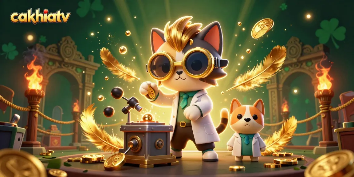 Cakhiatv showcases a lively gambling scene with a scientist cat and assistant dog creating gold coins amidst vibrant casino elements.