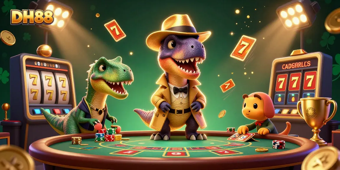 Engage with thrilling DH88 casino action featuring a velociraptor card counter at a blackjack table.