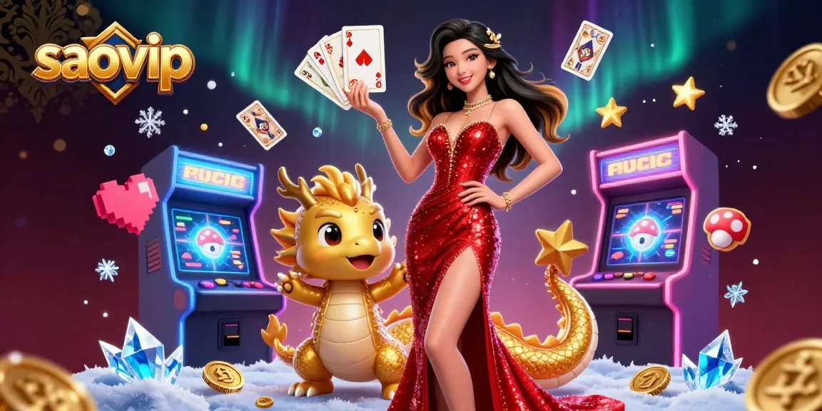 Experience the excitement of saovip with a stunning casino-themed 3D illustration showcasing games and characters.