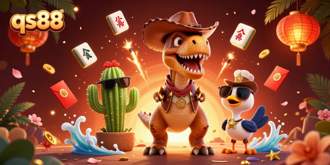 Experience qs88's thrilling gaming environment with a vibrant 3D dinosaur and casino elements.