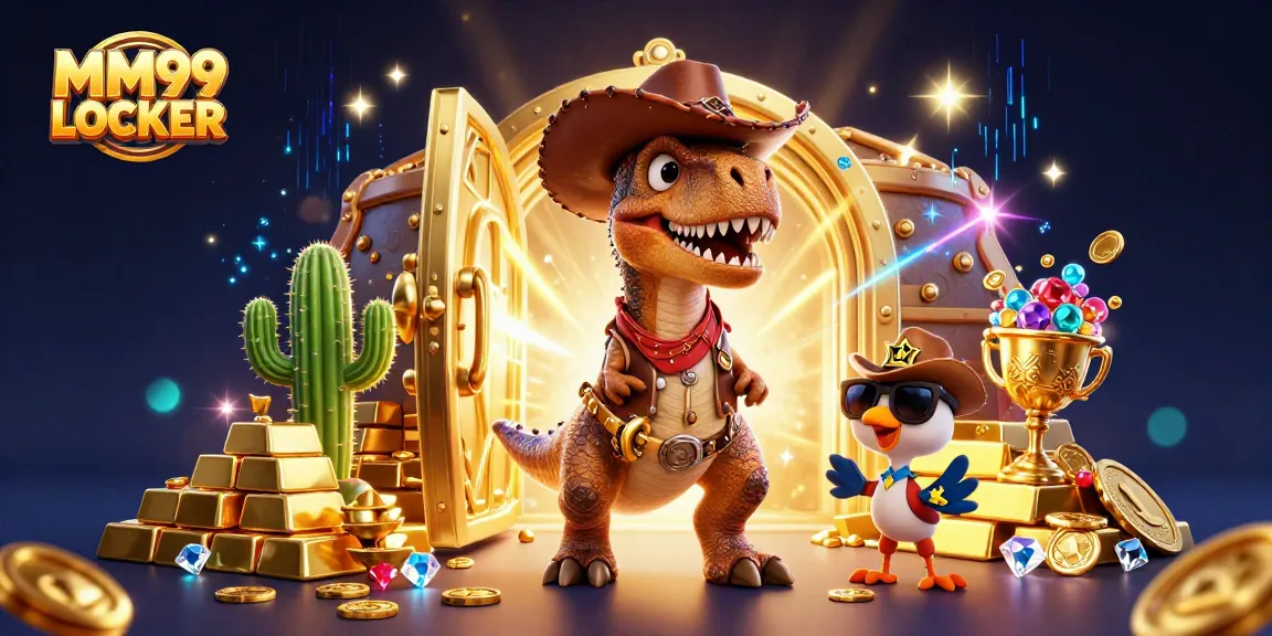 Engage in thrilling gameplay at MM99 LOCKER, featuring vibrant 3D casino elements and characters.
