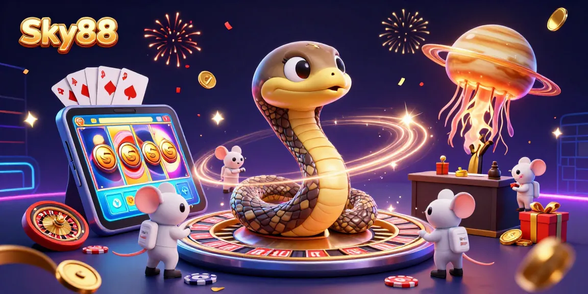 Engage with Sky88's cosmic casino experience featuring vibrant characters and interactive gaming elements.