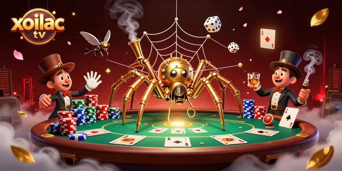 Xoilac TV presents a dynamic steampunk scene, featuring a spider and Victorian fly gentleman amid poker elements.