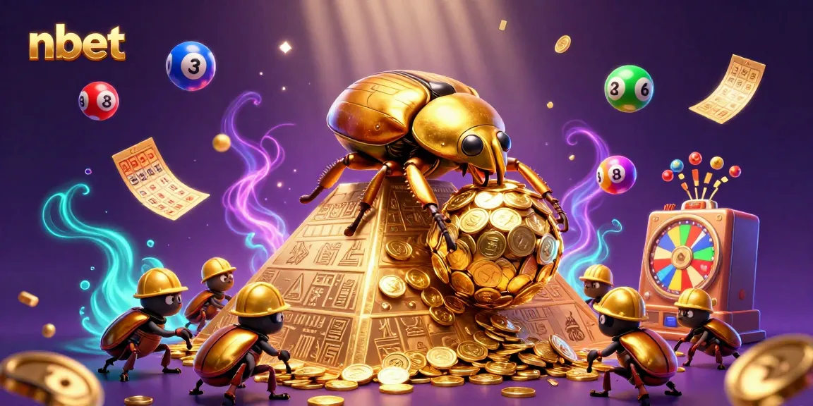 Experience nbet's exciting casino adventure with a golden dung beetle rolling coins amid lively gaming elements.