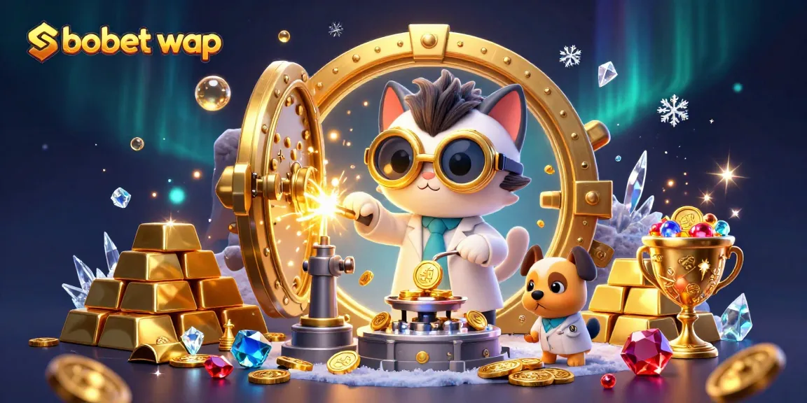 Bet on sbobet wap with a rich, vibrant scene featuring a mad scientist cat and golden treasures.