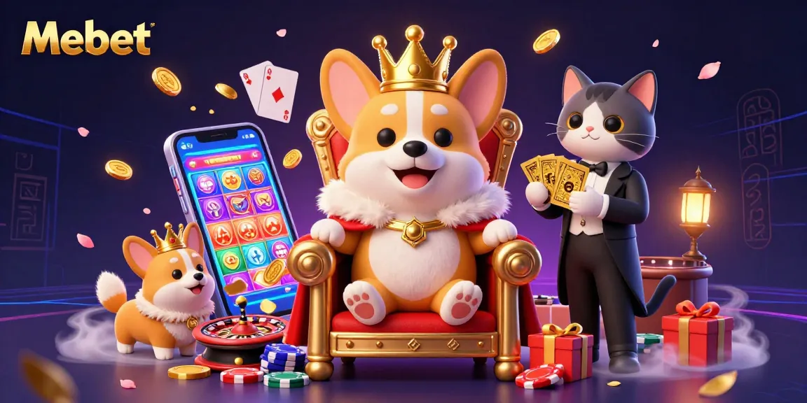 Mebet showcases a vibrant cartoon scene with a royal corgi, a cat butler, and dynamic casino elements.