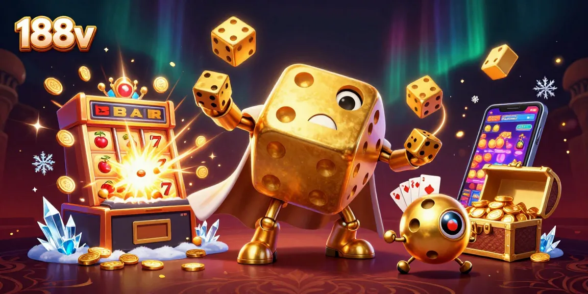 Win big with 188v's vibrant casino illustration featuring golden dice and exciting game elements.