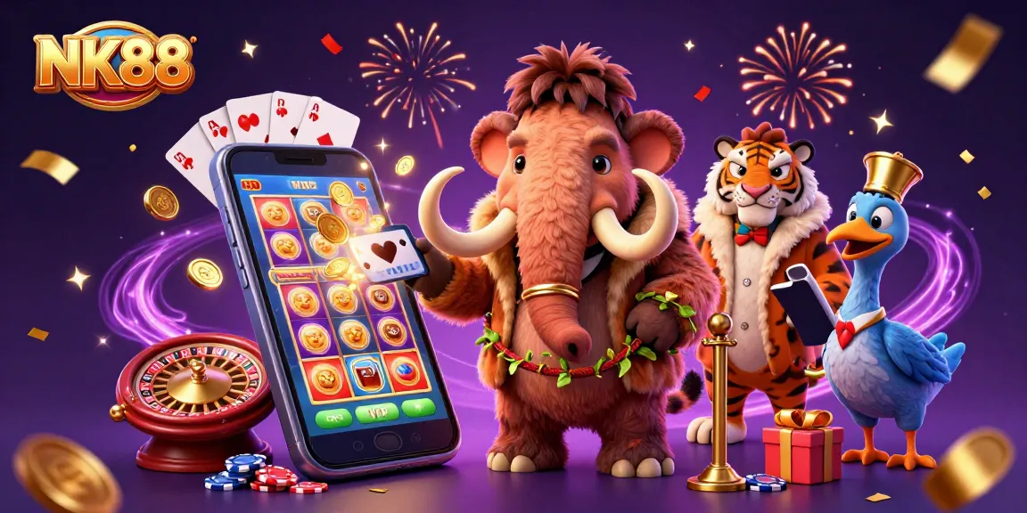 NK88 showcases a vibrant casino scene with unique characters engaging in gaming excitement.