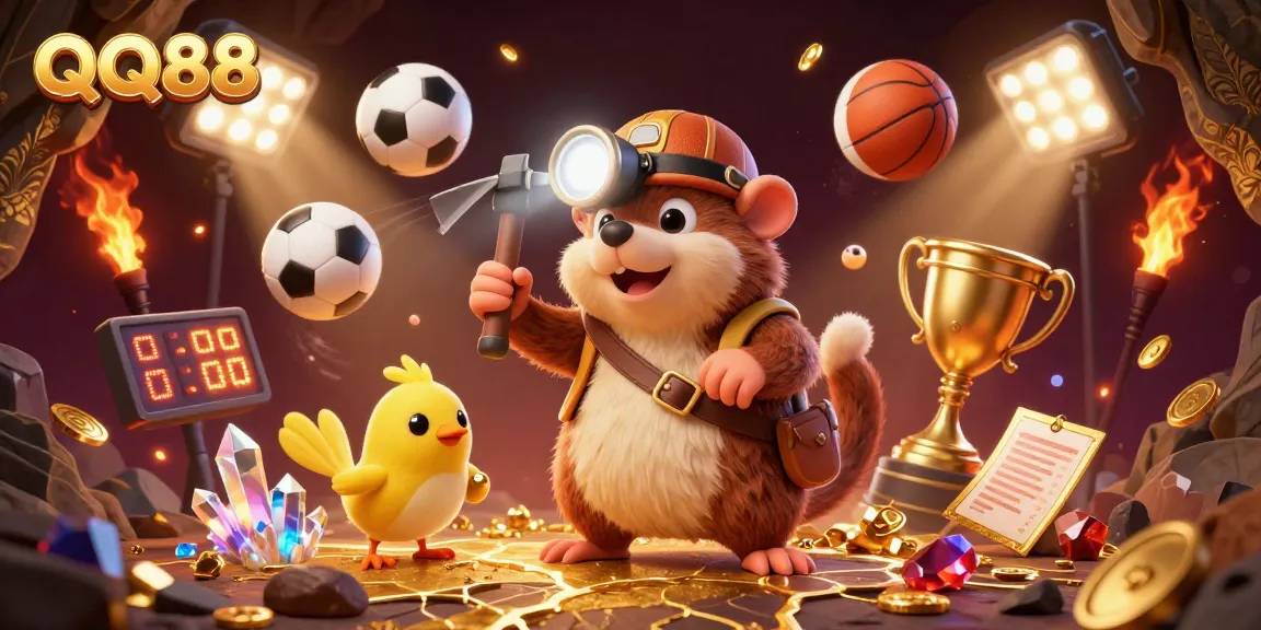 Win big with QQ88, featuring dynamic sports balls and a treasure hunting adventure.