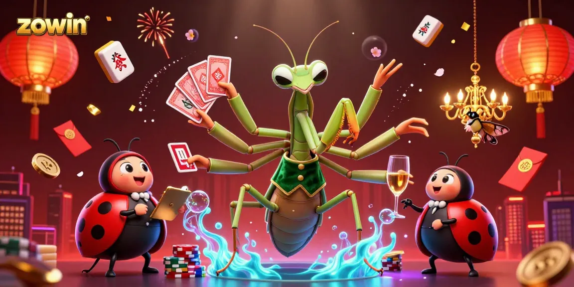 Zowin enriches gameplay with vibrant casino characters amidst floating mahjong tiles and fireworks.