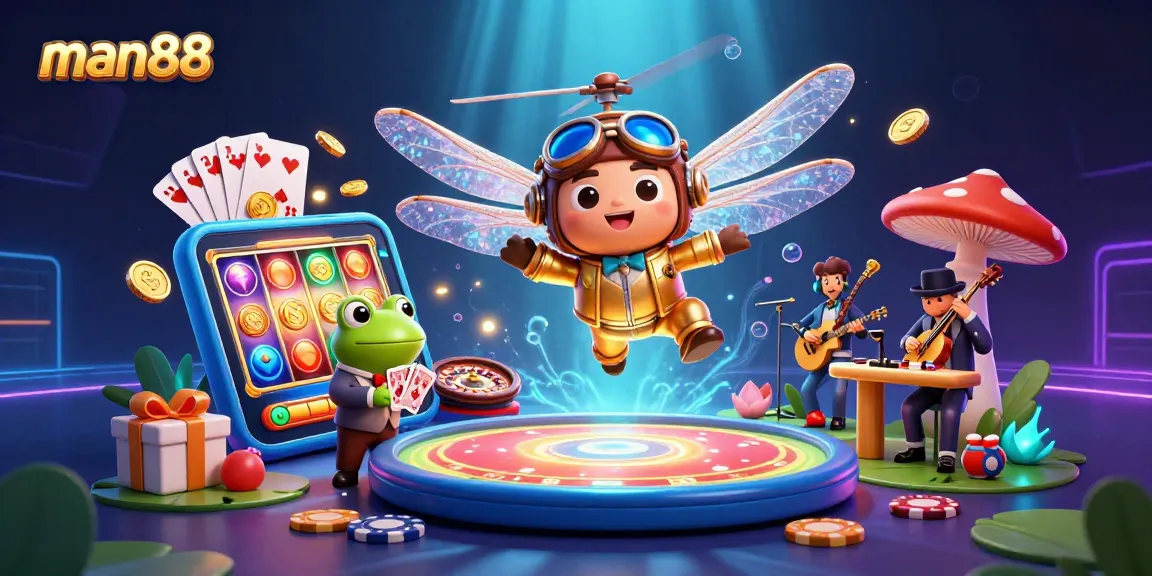 Experience man88's vibrant casino world with a dragonfly pilot, frog dealer, and musical crickets.