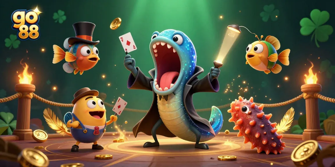 Experience the thrill of go 88 as the deep-sea characters host magical card tricks in a vibrant underwater casino scene.