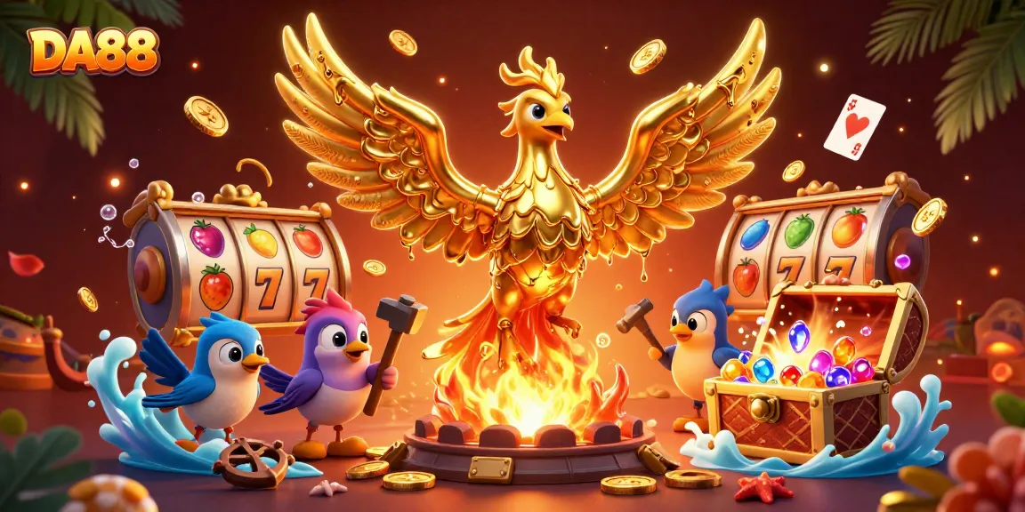 Experience the DA88's winning power with vibrant slot reels bursting coins in a rich casino scene.