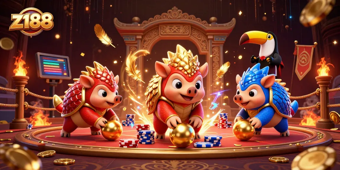 Engage in a thrilling z188 casino showdown featuring rival pangolins amid poker chip chaos.
