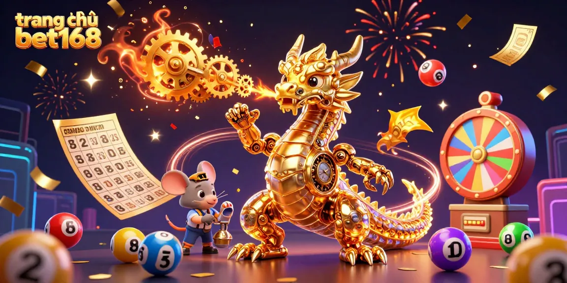 Experience the excitement of trang chủ bet168 with vibrant lottery elements and a golden dragon illustration.