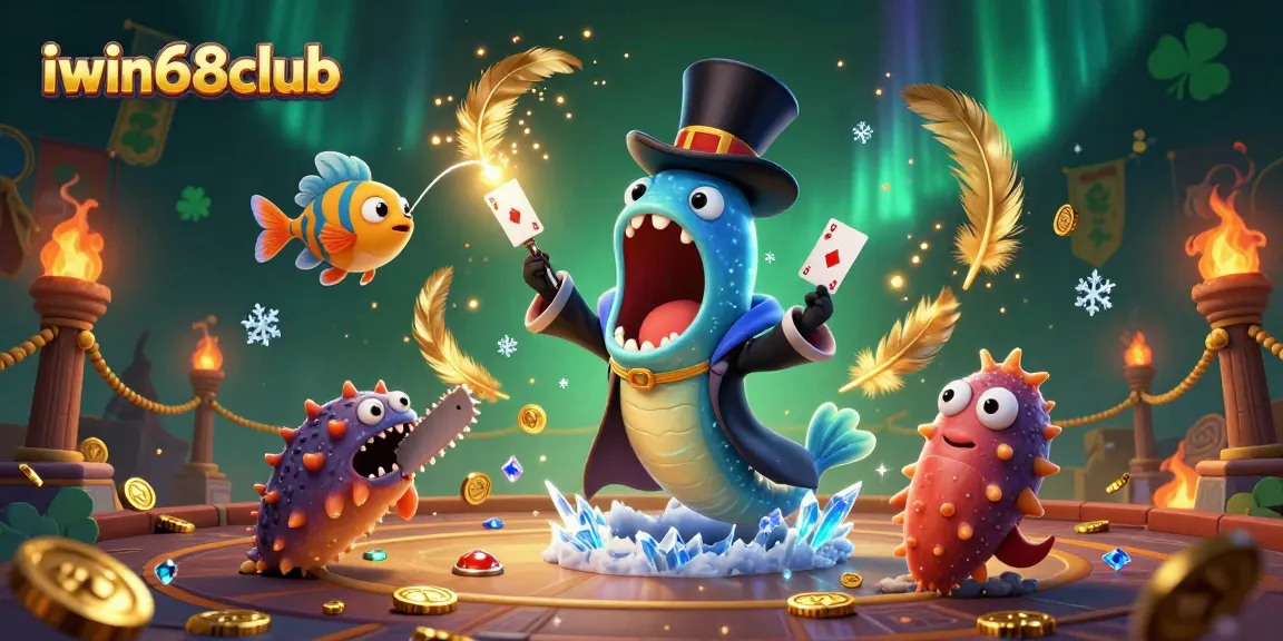 iwin68club's magical card tricks performed by deep-sea creatures in an enchanting casino scene