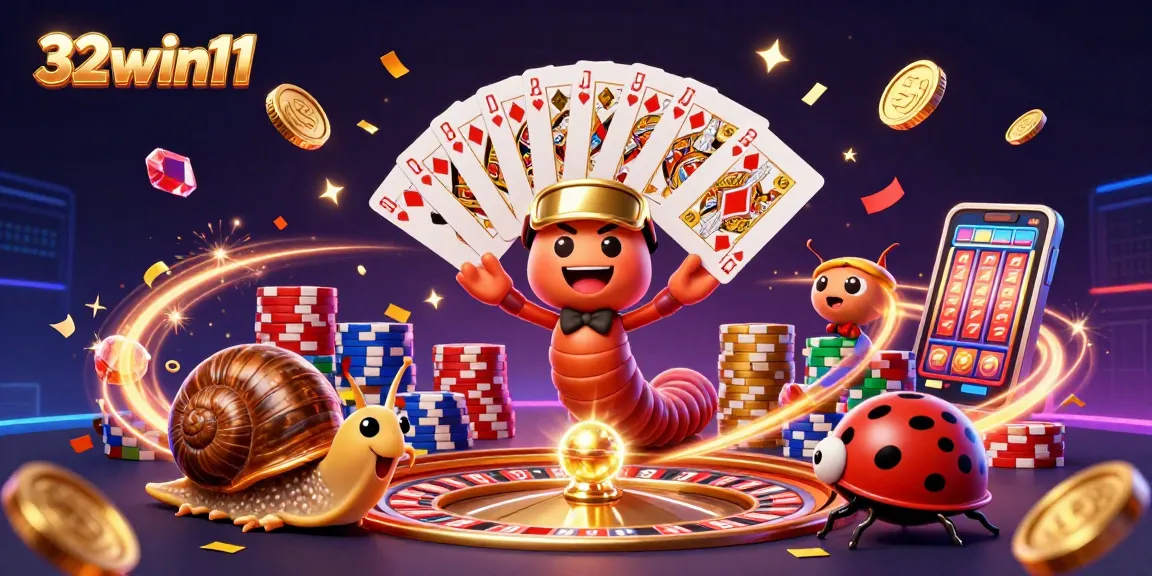 Experience the excitement of 32win11 with vibrant game characters, cards, and chips in a dynamic casino scene.