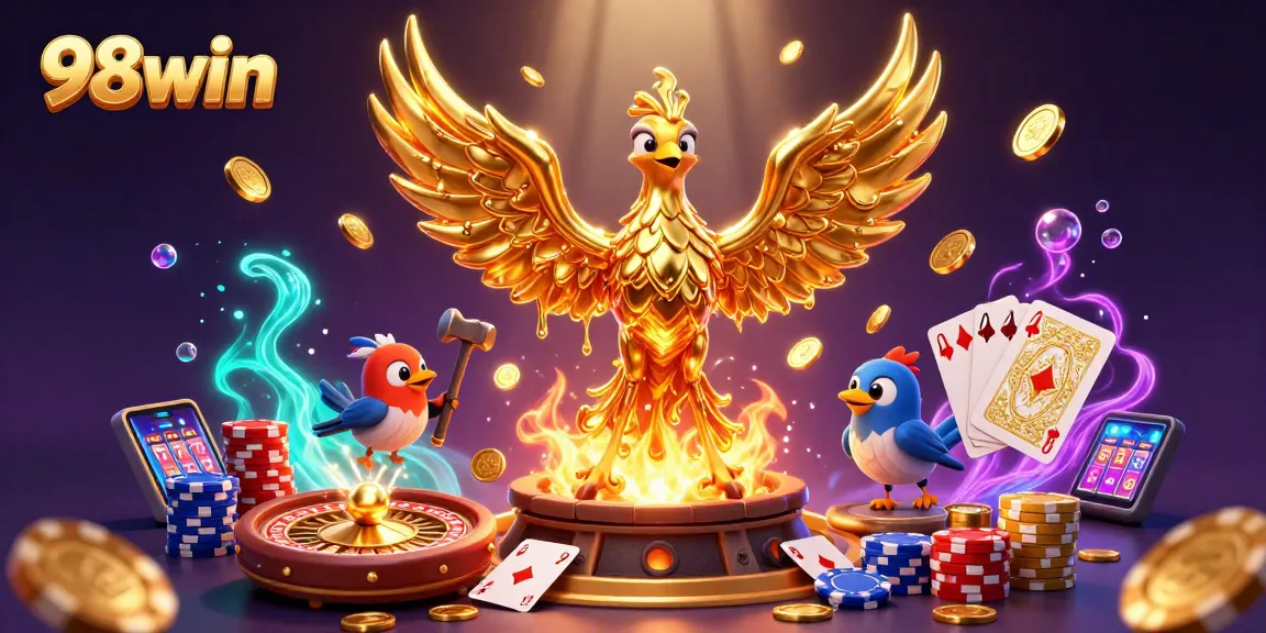 Engage with thrilling 98win opportunities featuring golden phoenix and vivid casino symbols.