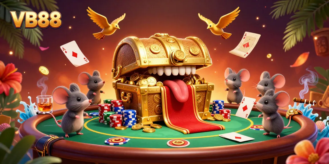 Engage with the thrilling world of VB88, featuring adventurer mice and a golden treasure chest amidst poker elements.