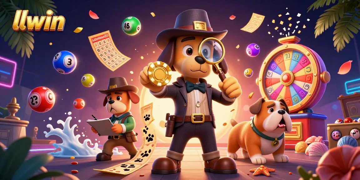 Engage in thrilling games at llwin, with a detective and bulldog discovering a poker chip amidst vibrant casino elements.