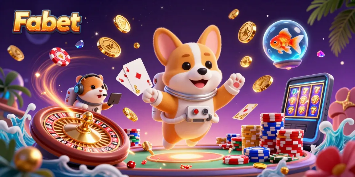 Experience Fabet's vibrant floating casino scene with a cartoony astronaut corgi and golden coins.