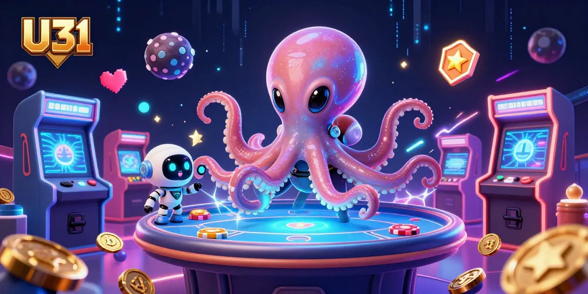 U31 features an alien octopus managing a holographic poker table amidst dynamic casino elements.