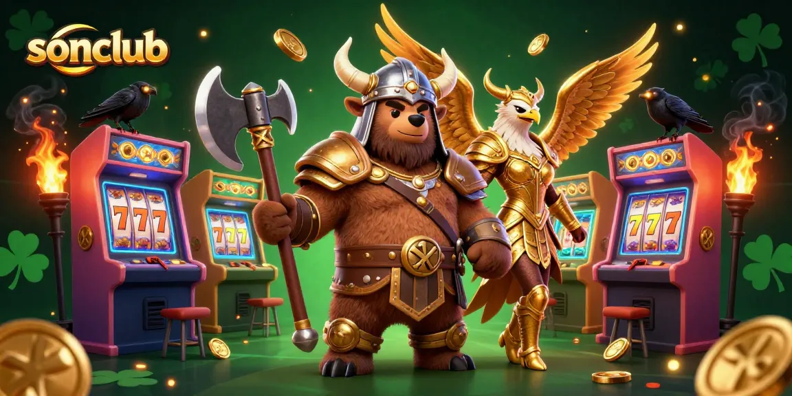 Join the excitement at sonclub with a vibrant 3D gaming scene featuring Viking characters amid glowing slot machines.