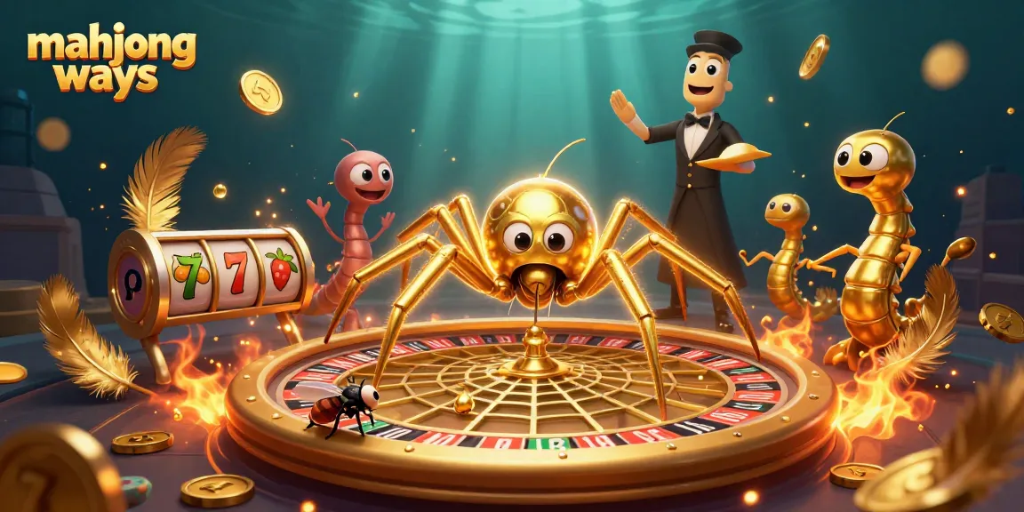 Bet confidently on mahjong ways as a golden spider spins a roulette wheel web in this vibrant scene.