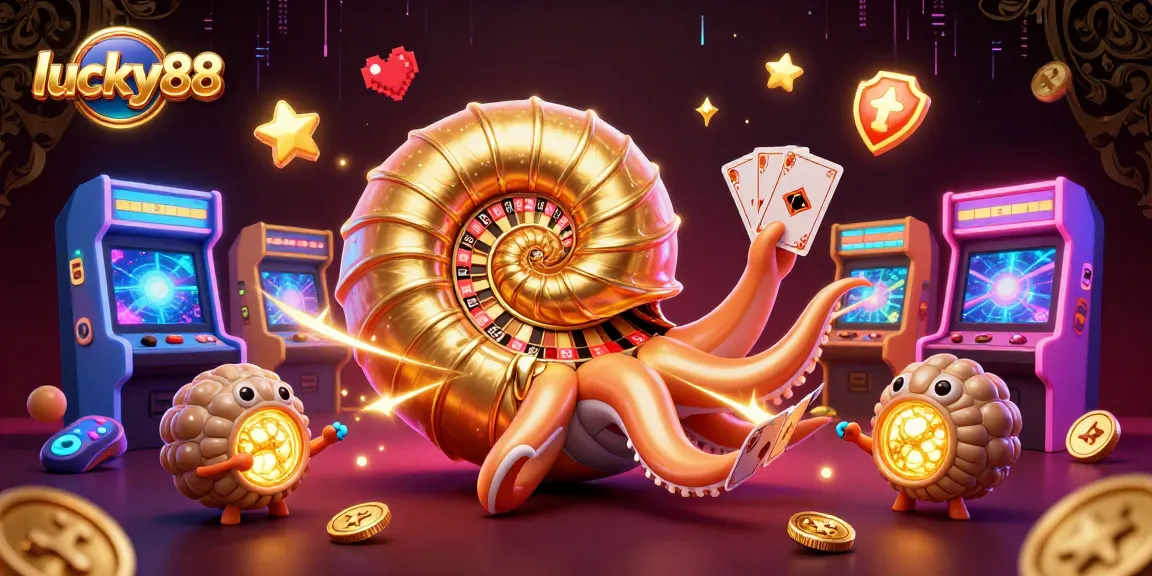 Engage with lucky88 in this vibrant 3D casino world featuring a giant nautilus and futuristic arcade elements.