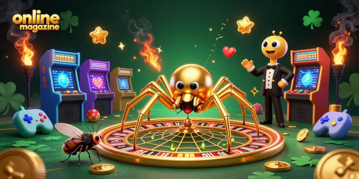 Engaging 3D illustration of a golden spider and a centipede dealer in an online magazine theme, spinning a roulette wheel web.
