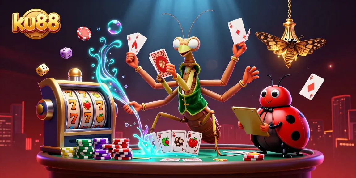 Engage with thrilling ku88 slots featuring a giant praying mantis dealer and vibrant casino elements.