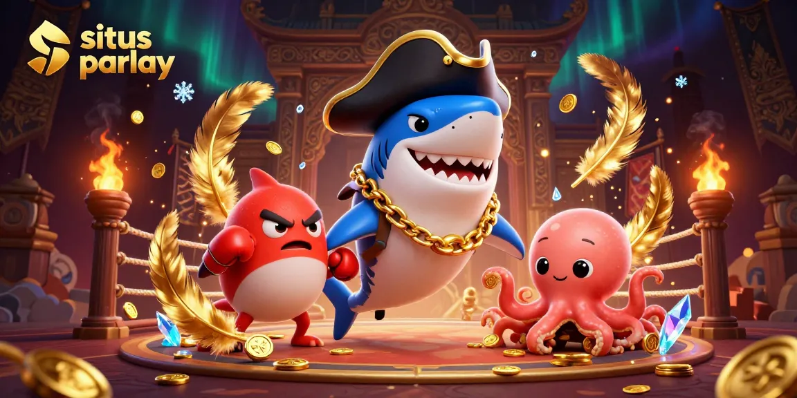 Engage in thrilling situs parlay action with our dynamic characters amid swirling gold coins and vibrant gaming elements.