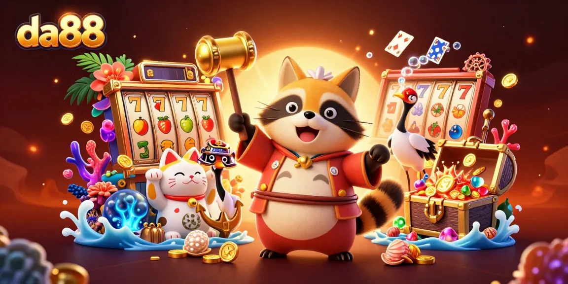 Experience winning moments with da88 as cheerful tanuki and friends celebrate in vibrant casino-themed illustration