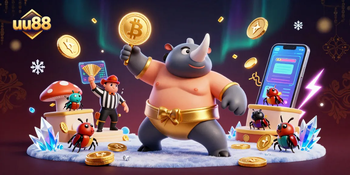 uu88 offers a vibrant blockchain-themed gaming experience with a beetle champion amid glowing coins.